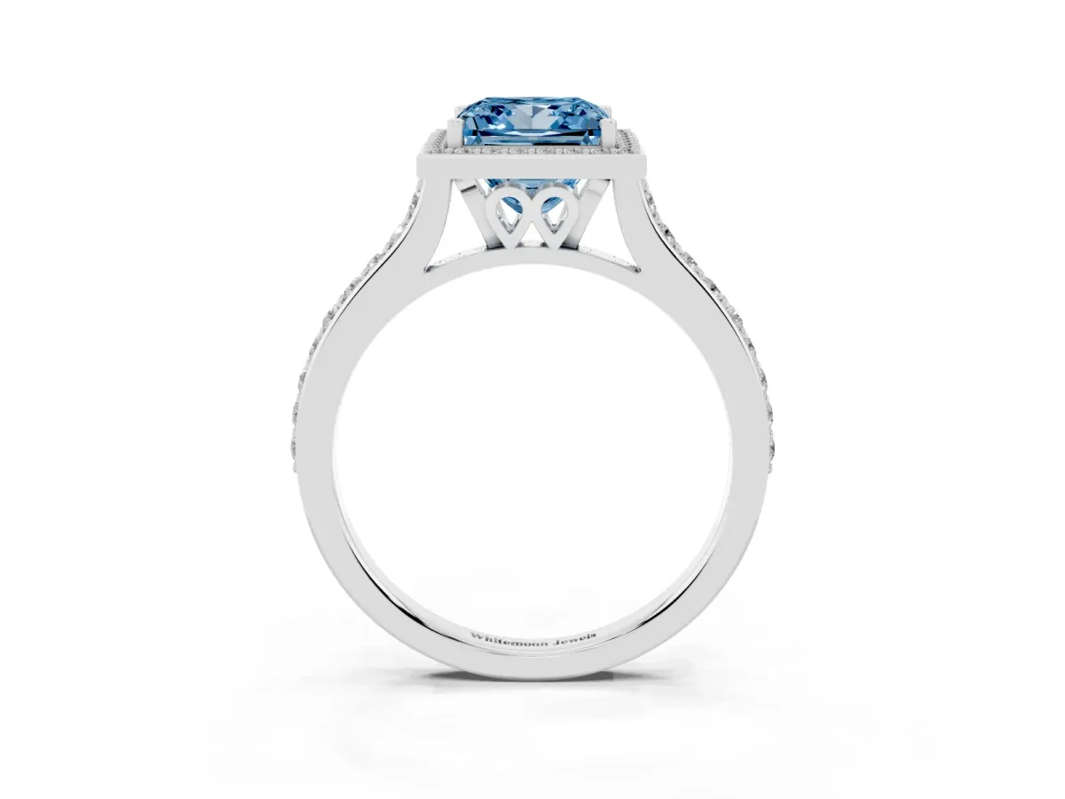 Fancy Blue Princess Cut Diamond Halo Engagement Ring with Round Pavé Shoulders and Prong Setting Silver