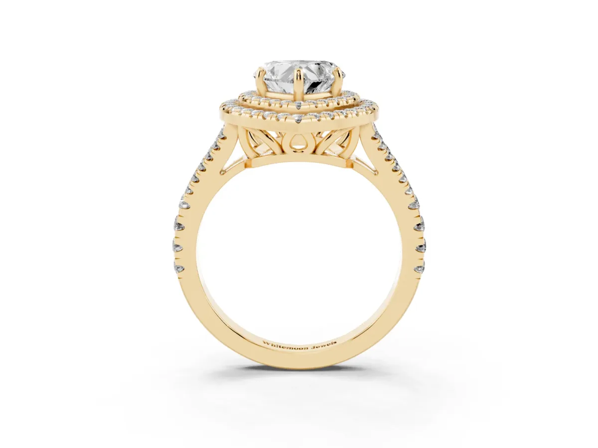 Heart Cut Diamond Double Halo Ring with Pavé Band and Prong Setting Yellow gold