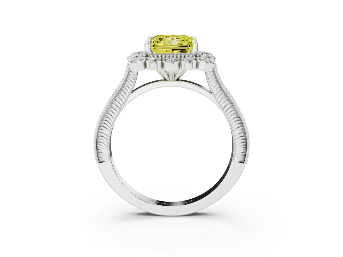 Fancy Yellow Princess Cut Halo Milgrain Pave Diamond Ring with Four-Prong Setting Platinum
