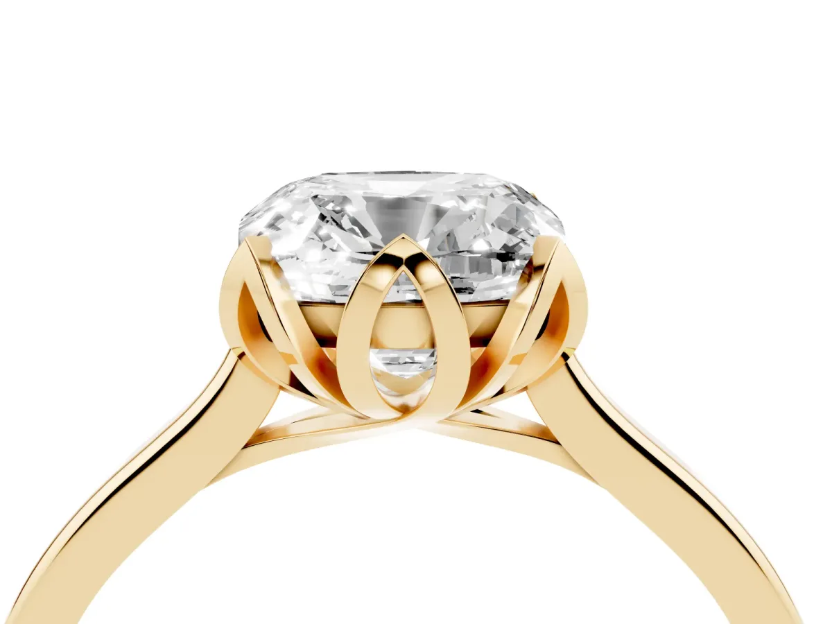 Cushion Cut Diamond Solitaire Ring with Flower Prong Setting and Classic Band Yellow gold