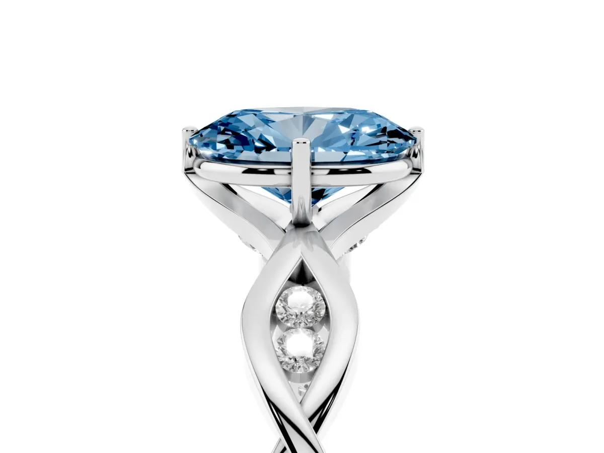 Fancy Blue Oval Cut Solitaire Twist Band with Leaf Prong Setting Silver