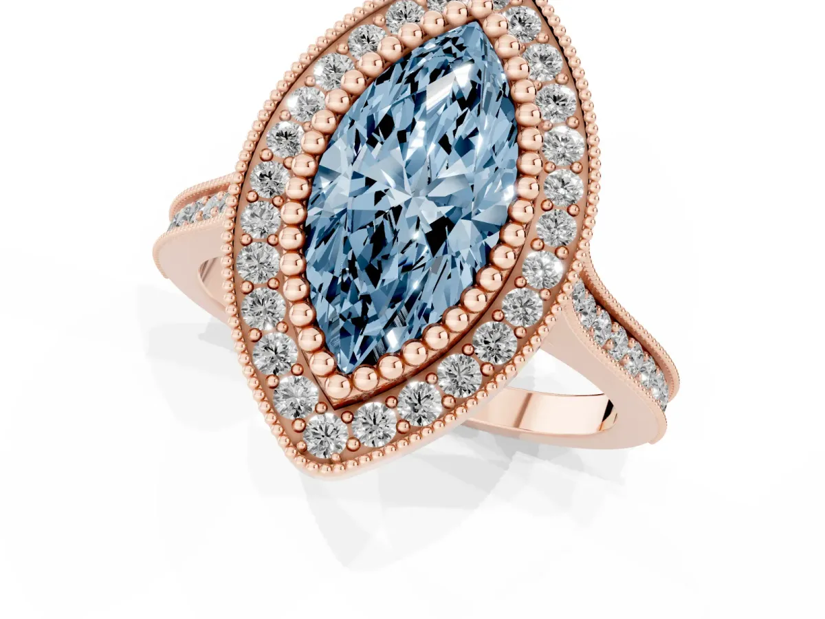 Fancy Blue Marquise Cut Diamond Halo Ring with Milgrain Frame and Pavé Band Rose gold
