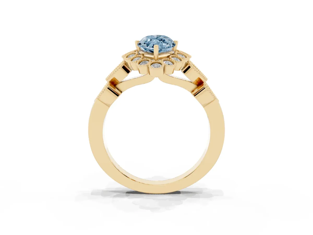 Fancy Blue Marquise Cut Brilliant Milgrain Pave Heart Band Solitaire Ring Yellow gold