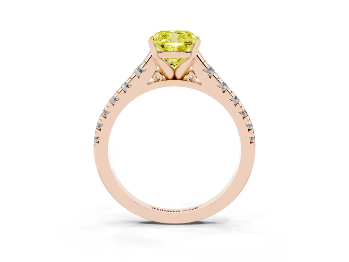 Fancy Yellow Cushion Cut Diamond Cathedral Solitaire Ring with Round Pavé Band Rose gold