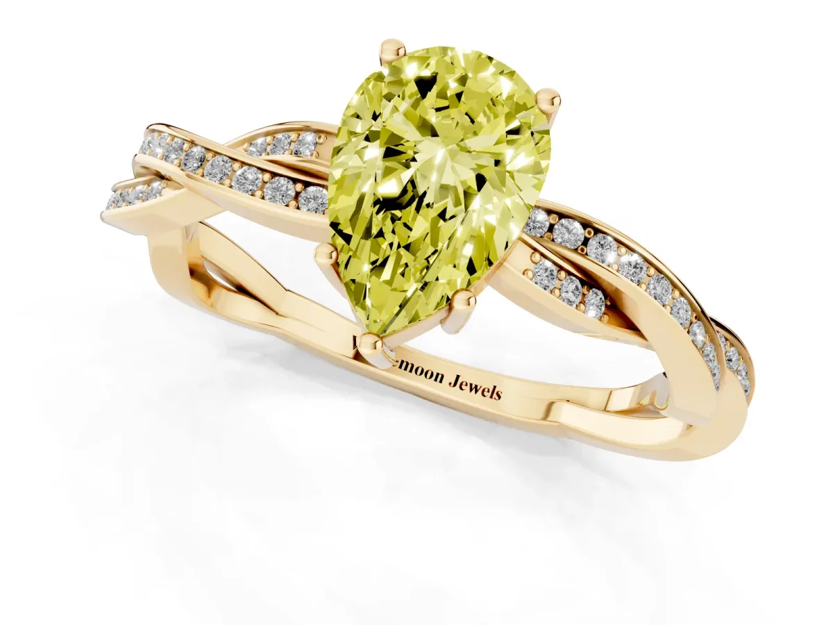 Fancy Yellow Pear Cut Solitaire Twisted Pave Diamond Ring with Four-Prong Setting Yellow gold