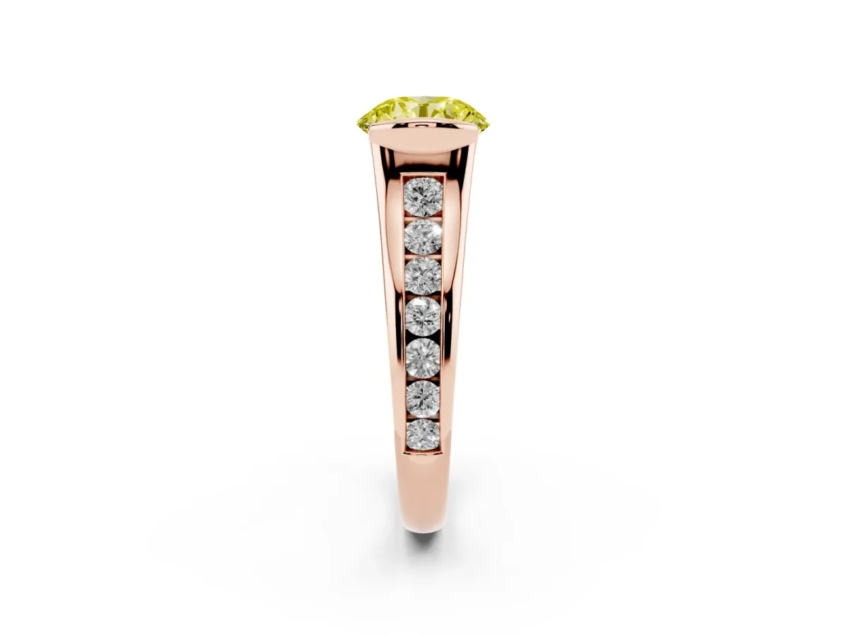 Fancy Yellow Round Cut Solitaire Bezel-Set Diamond Ring with Channel-Set Band Rose gold