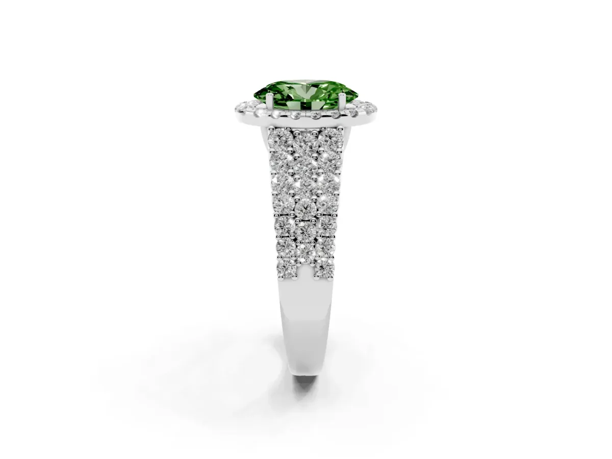 Fancy Green Oval Cut Diamond Halo Engagement Ring with Triple Row Round Pavé Band and Prong Setting Platinum