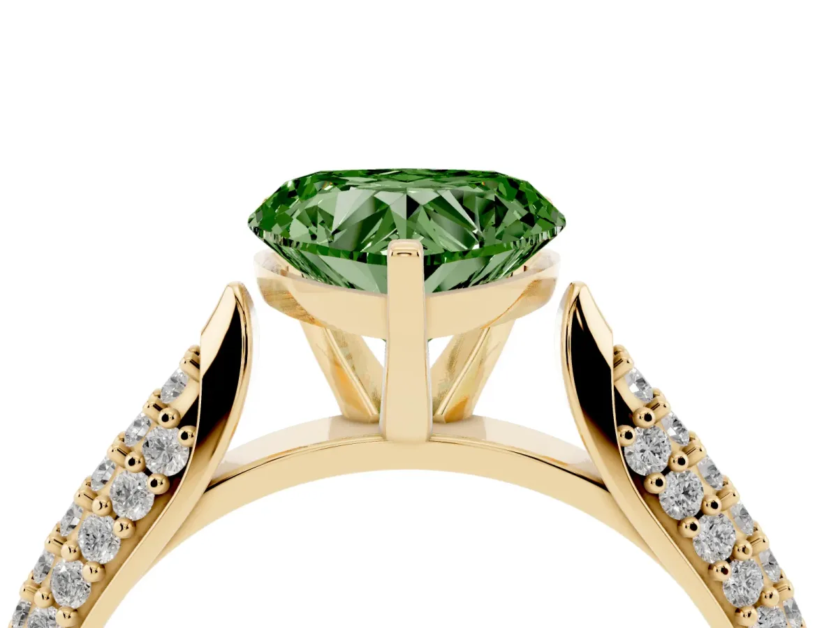 Fancy Green Heart Cut Diamond Solitaire Engagement Ring with Multi-Row Round Pavé Band and Prong Setting Yellow gold
