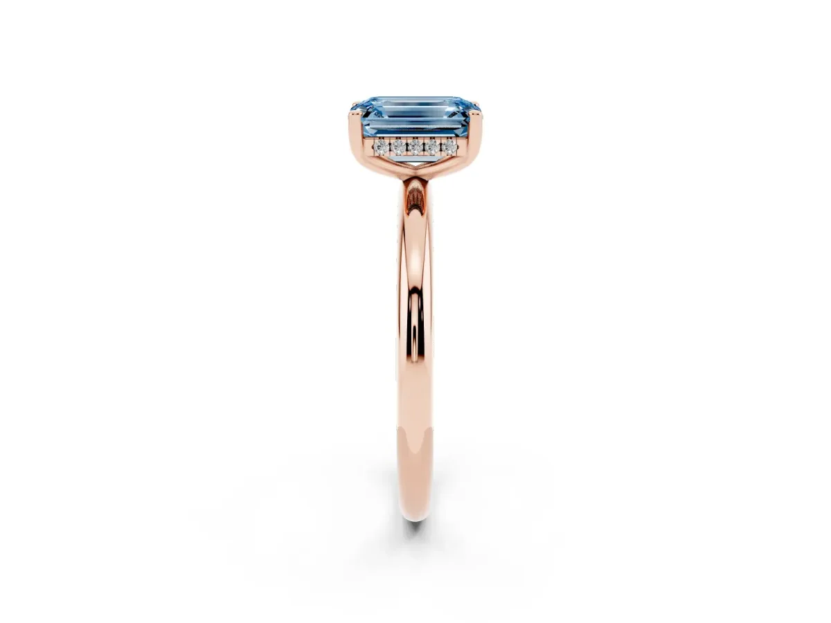 Fancy Blue Emerald Cut Cut Solitaire Engagement Ring with Four-Prong Setting and Classic Band Rose gold