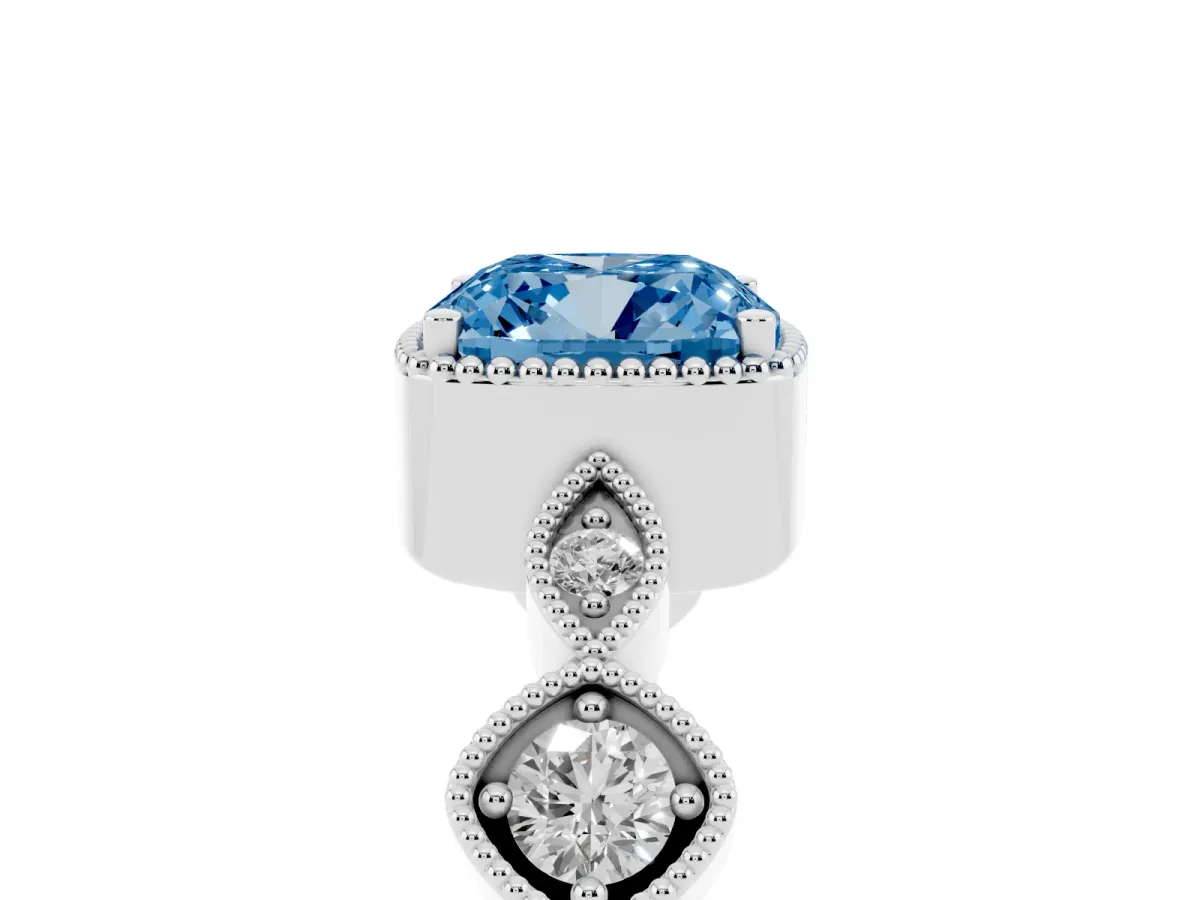 Fancy Blue Cushion Cut Diamond Vintage Milgrain Ring with Round Stations Platinum