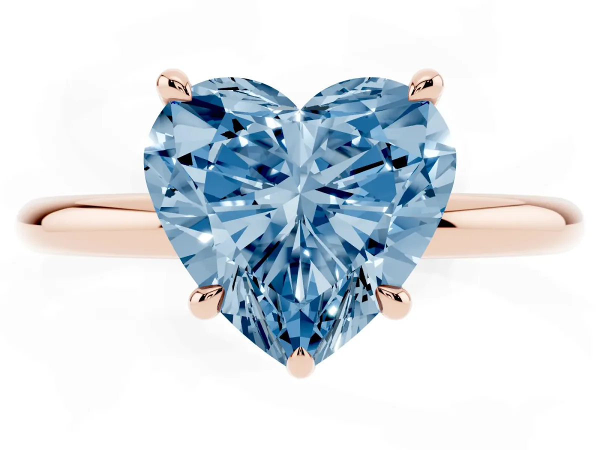 Fancy Blue Heart Cut Diamond Solitaire Ring with Thin Band and Four-Prong Setting Rose gold