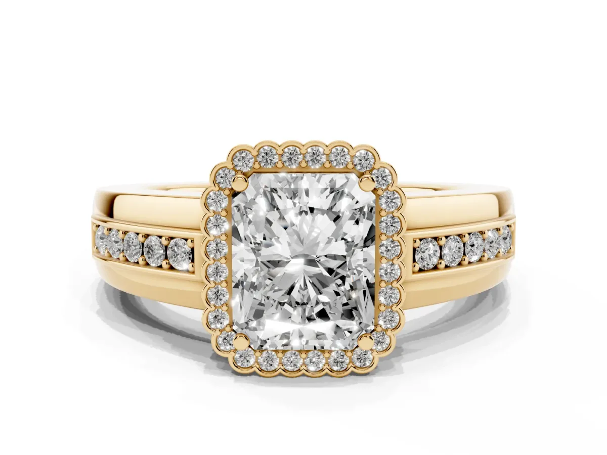 Radiant Cut Cut Halo Pave Band Four-Prong Ring Yellow gold