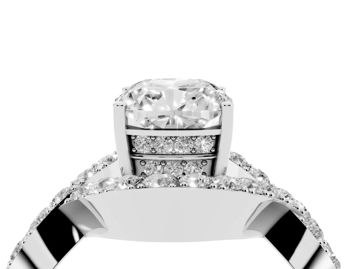 Cushion Cut Solitaire Twist Band Pavé Diamond Engagement Ring Silver