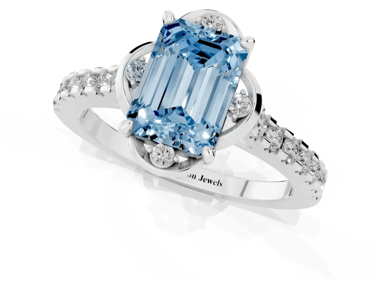 Fancy Blue Emerald Cut Diamond Ring with Pavé Band and Floral Prong Setting Silver