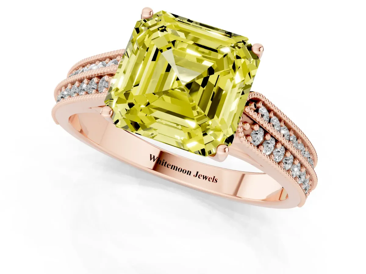 Fancy Yellow Asscher Cut Cut Pave Split Shank Engagement Ring with Four-Prong Setting Rose gold