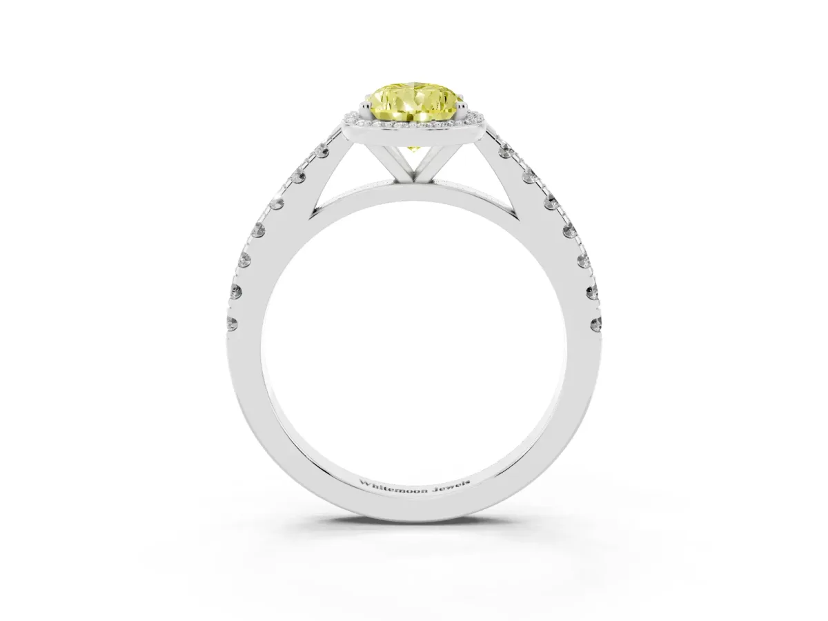Fancy Yellow Pear Cut Cut Halo Diamond Engagement Ring with Pave Band and Four-Prong Setting Platinum