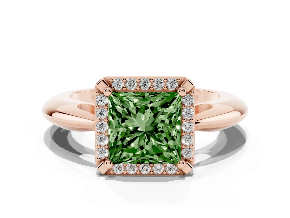 Fancy Green Princess Cut Cut Diamond Halo Engagement Ring with Split Shank and Four-Prong Setting Rose gold