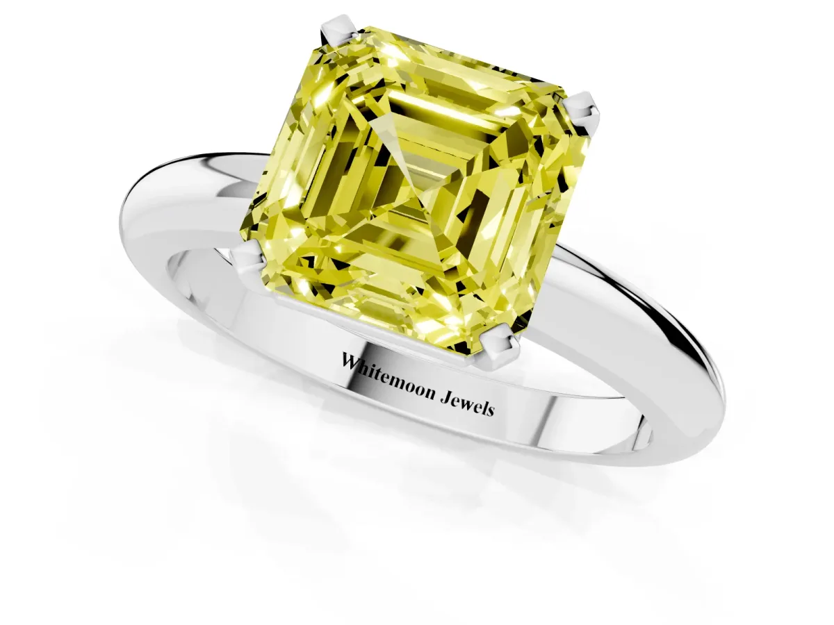 Fancy Yellow Asscher Cut Diamond Solitaire Engagement Ring with Round Band and Four-Prong Setting Silver