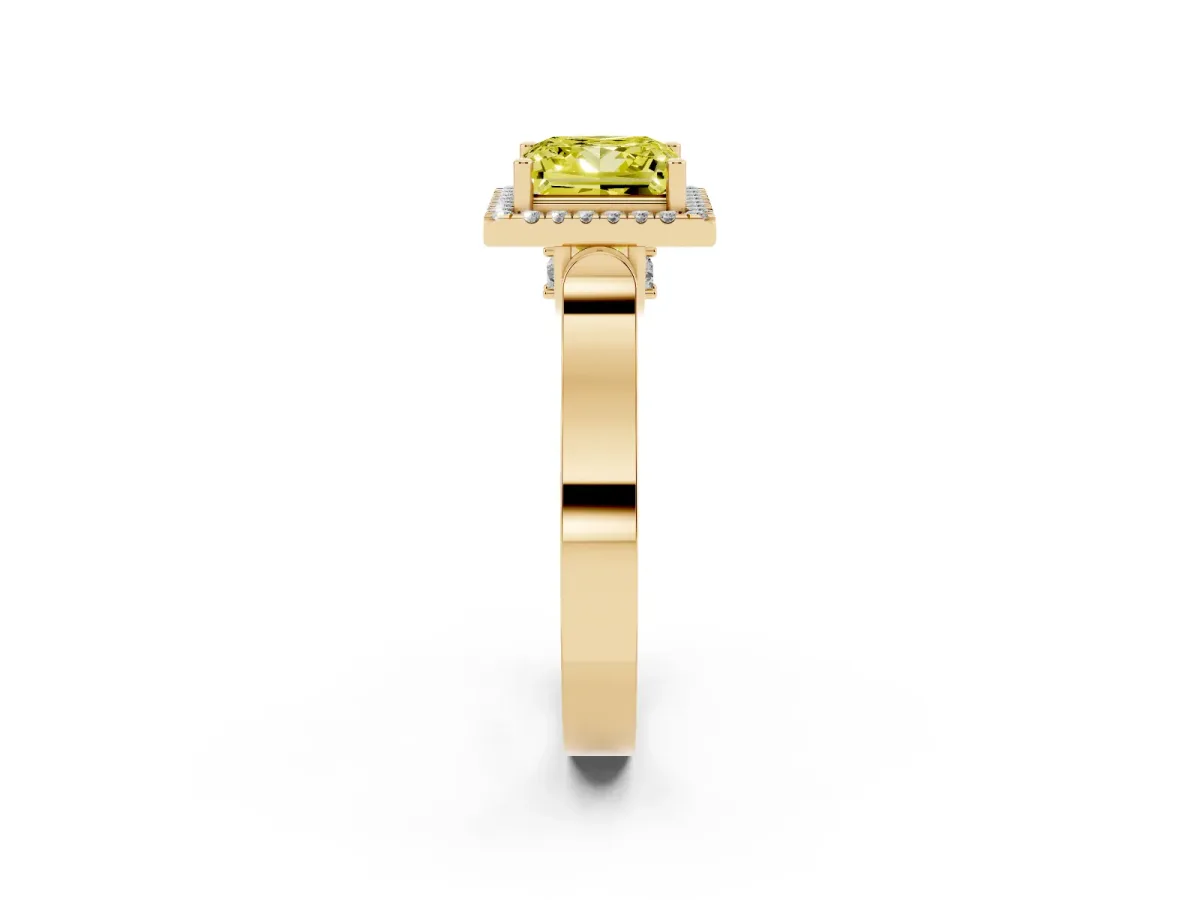 Fancy Yellow Princess Cut Halo Round Diamond Twist Band with Four-Prong Setting Yellow gold