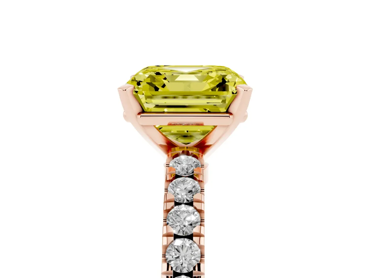 Fancy Yellow Asscher Cut Solitaire Diamond with Pavé Band and Four-Prong Setting Rose gold