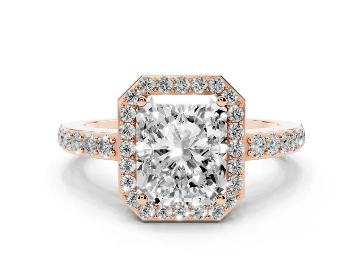 Radiant Cut Halo Diamond Pavé Band Ring with Prong Setting Rose gold