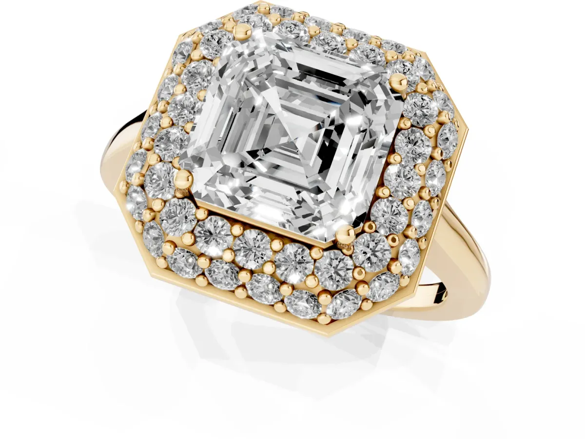 Asscher Cut Halo Diamond Engagement Ring with Solitaire Band and Four-Prong Setting Yellow gold