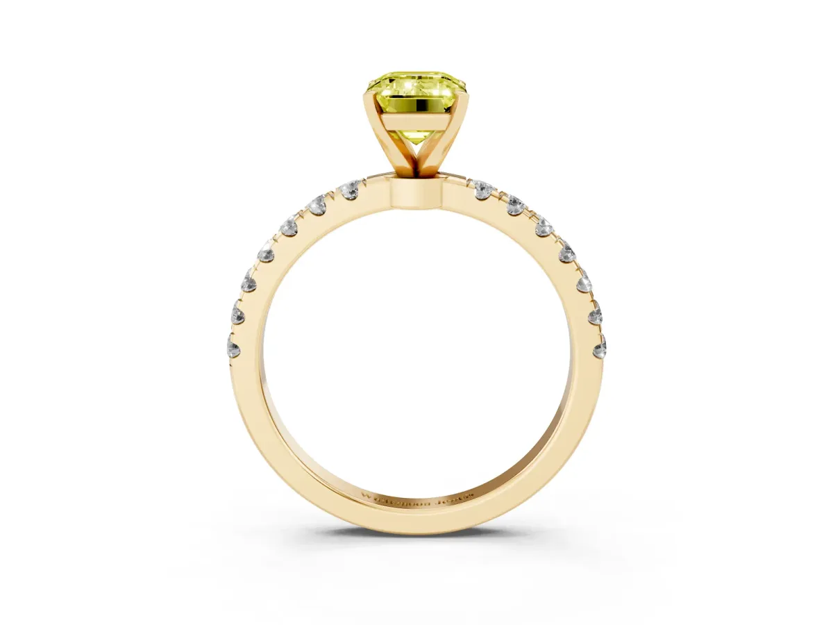 Fancy Yellow Emerald Cut Diamond Solitaire Ring with Pavé Accents and Four-Prong Setting Yellow gold