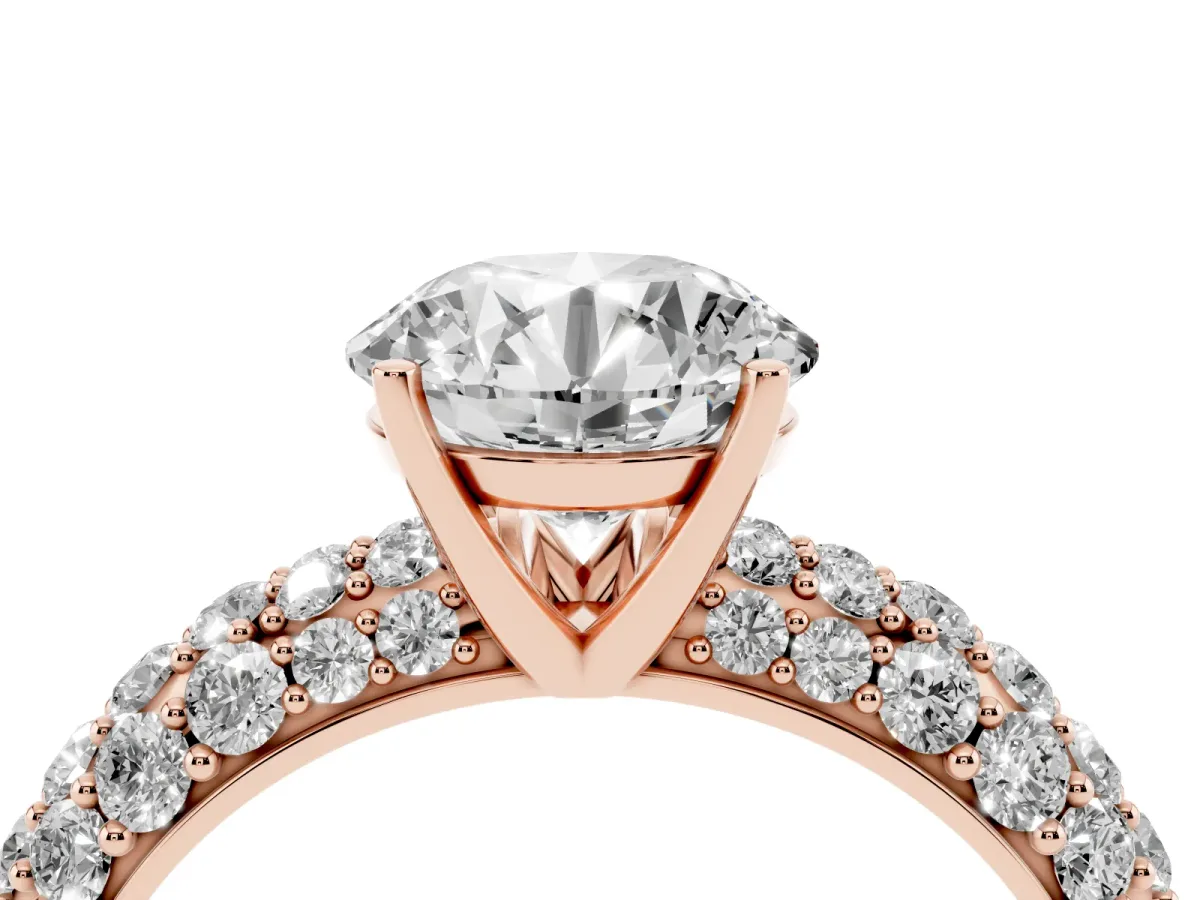 Round Cut Diamond Pavé Band Solitaire Ring with Four-Prong Setting Rose gold
