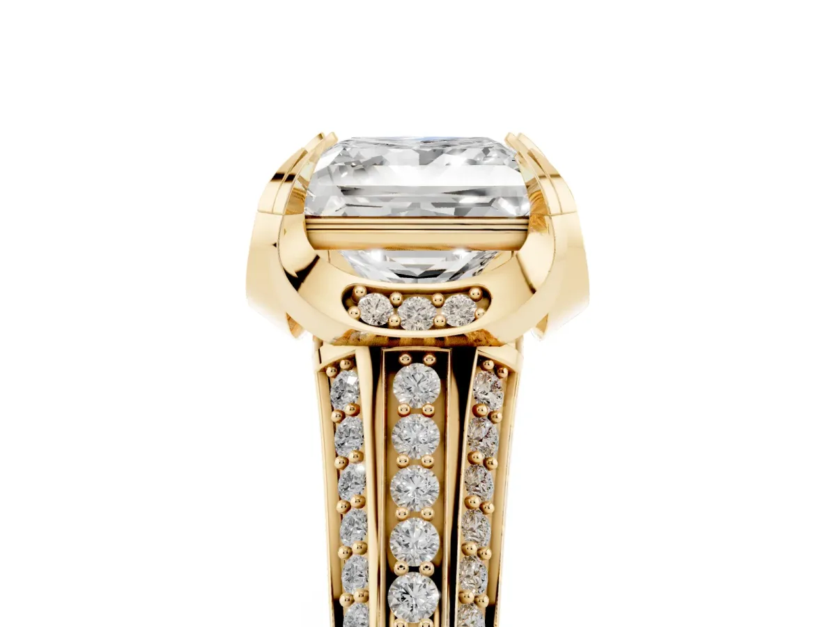 Princess Cut Solitaire Pave Split Shank Ring with Four-Prong Setting Yellow gold