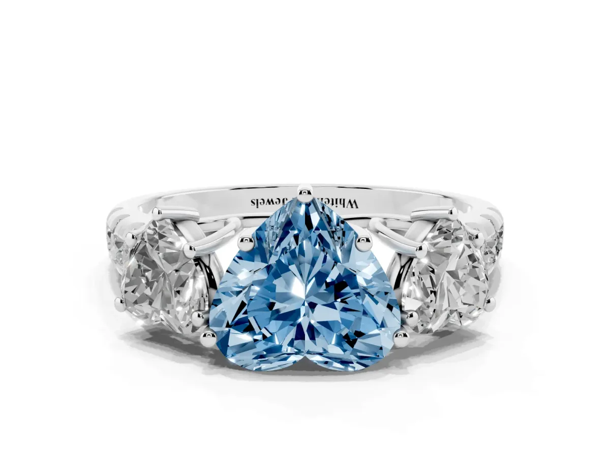 Fancy Blue Three-Stone Heart Cut Diamond Pavé Band with Prong Setting Silver