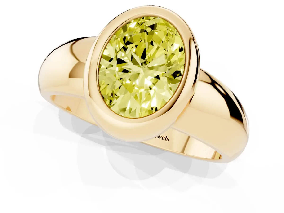 Fancy Yellow Bezel Set Oval Cut Solitaire Ring with Wide Band Yellow gold