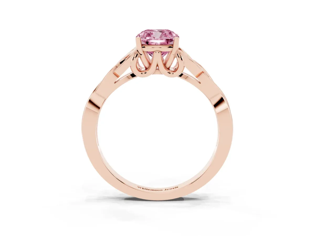 Fancy Pink Cushion Cut Diamond Solitaire Engagement Ring with Celtic Knot Band and Four-Prong Setting Rose gold
