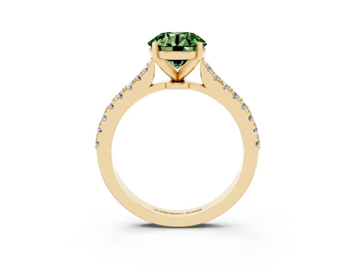 Fancy Green Round Cut Cut Solitaire Diamond Engagement Ring with Pave Band and Four-Prong Setting Yellow gold