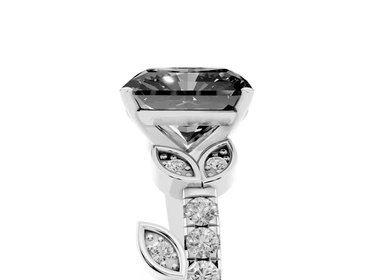 Fancy Black Radiant Cut Solitaire Leaf-Inspired Diamond Ring with Pavé Band and Four-Prong Setting Silver