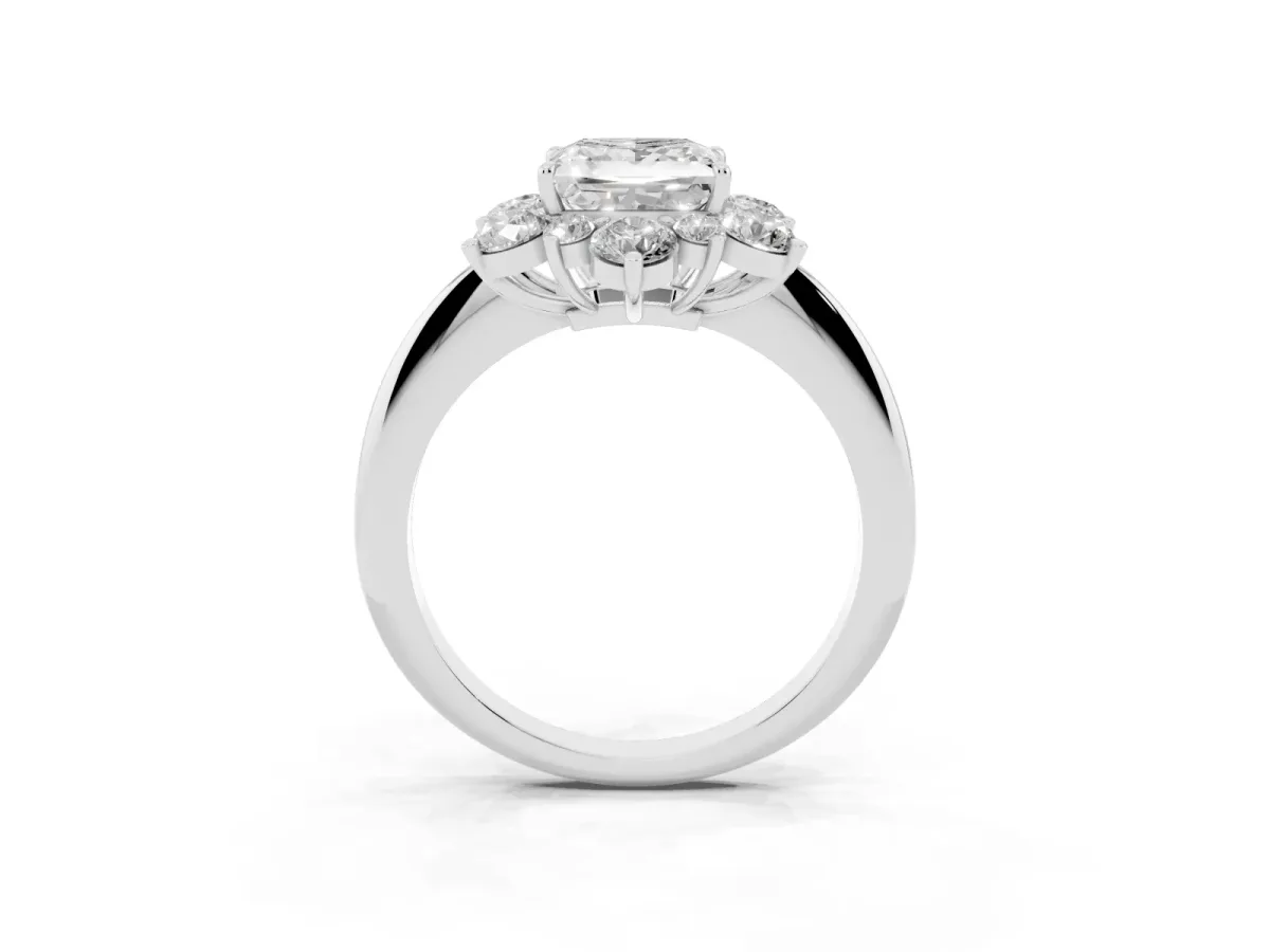 Princess Cut Diamond Cluster Halo Ring with Solitaire Band and Four-Prong Setting Silver