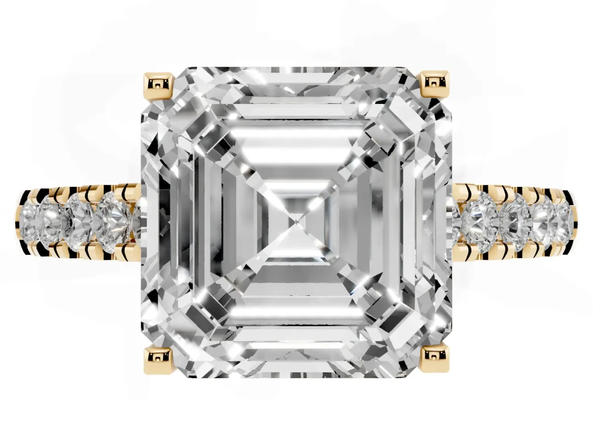 Asscher Cut Diamond Pavé Band Solitaire Ring with Prong Setting Yellow gold