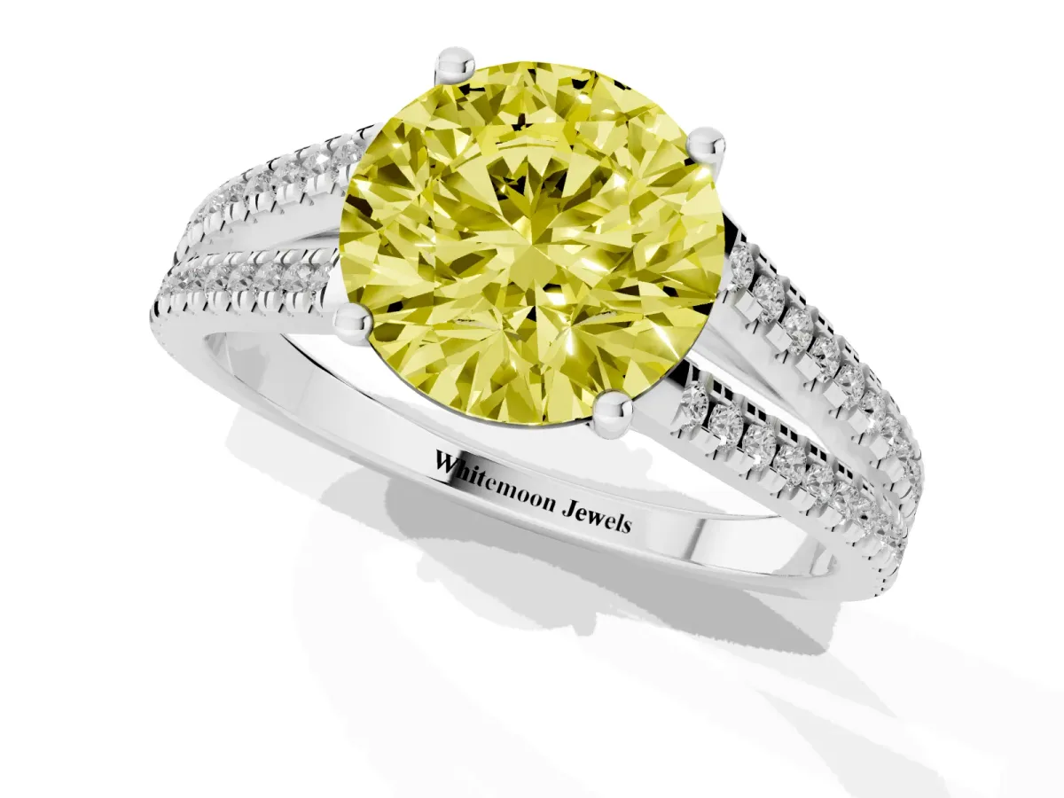 Fancy Yellow Round Cut Diamond Solitaire Engagement Ring with Split Shank Pavé Band Silver