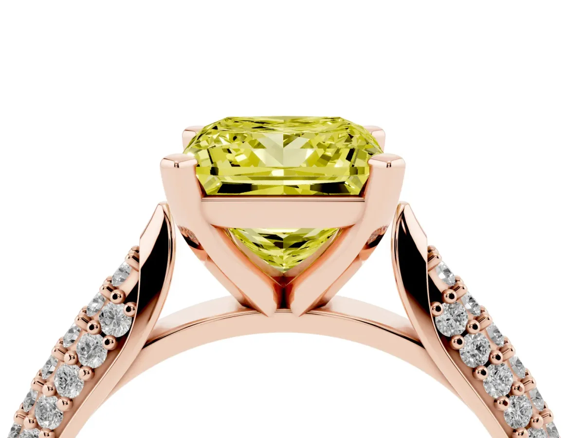 Fancy Yellow Princess Cut Diamond Solitaire Engagement Ring with Multi-Row Round Pavé Band and Prong Setting Rose gold