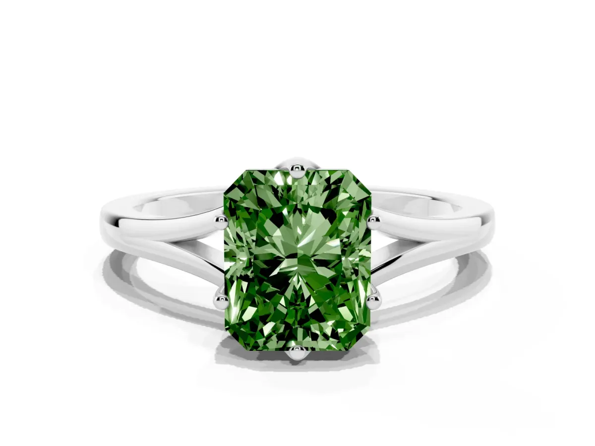 Fancy Green Radiant Cut Solitaire Diamond Ring with Six-Prong Setting and Tapered Band Silver