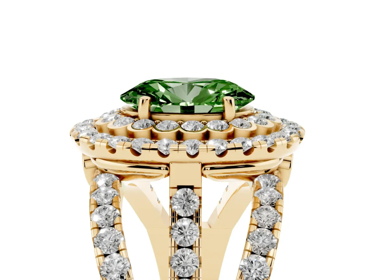 Fancy Green Oval Cut Diamond Double Halo Ring with Round Pavé Split Shank and Prong Setting Yellow gold