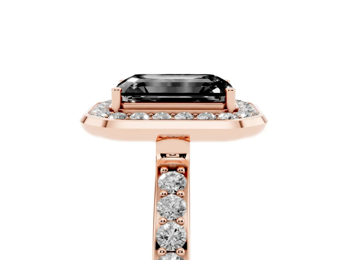 Fancy Black Emerald Cut Diamond Halo Ring with Bezel Frame and Pavé Band Rose gold