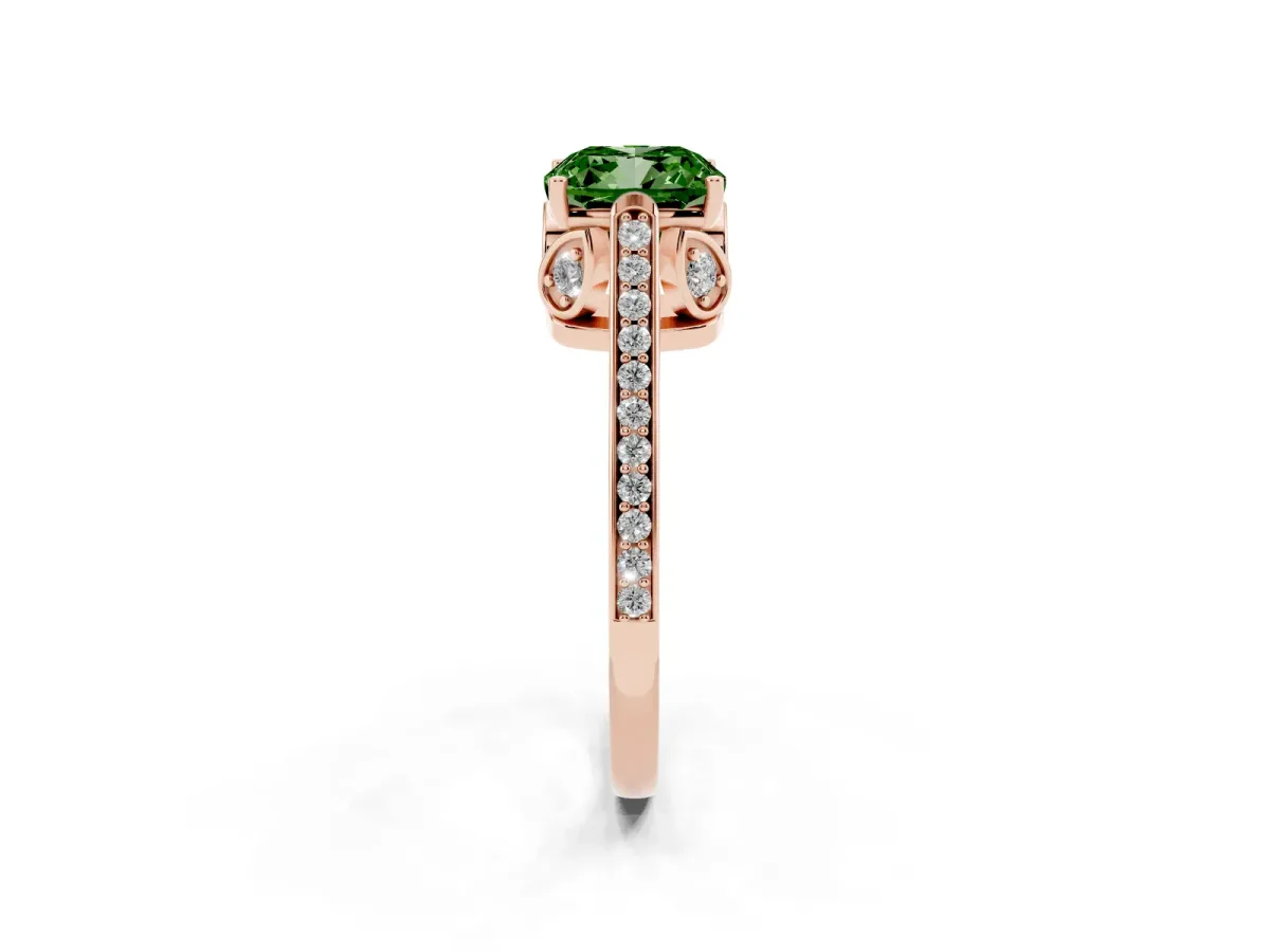 Fancy Green Cushion Cut Cut Cathedral Pave Diamond Engagement Ring with Six-Prong Setting Rose gold