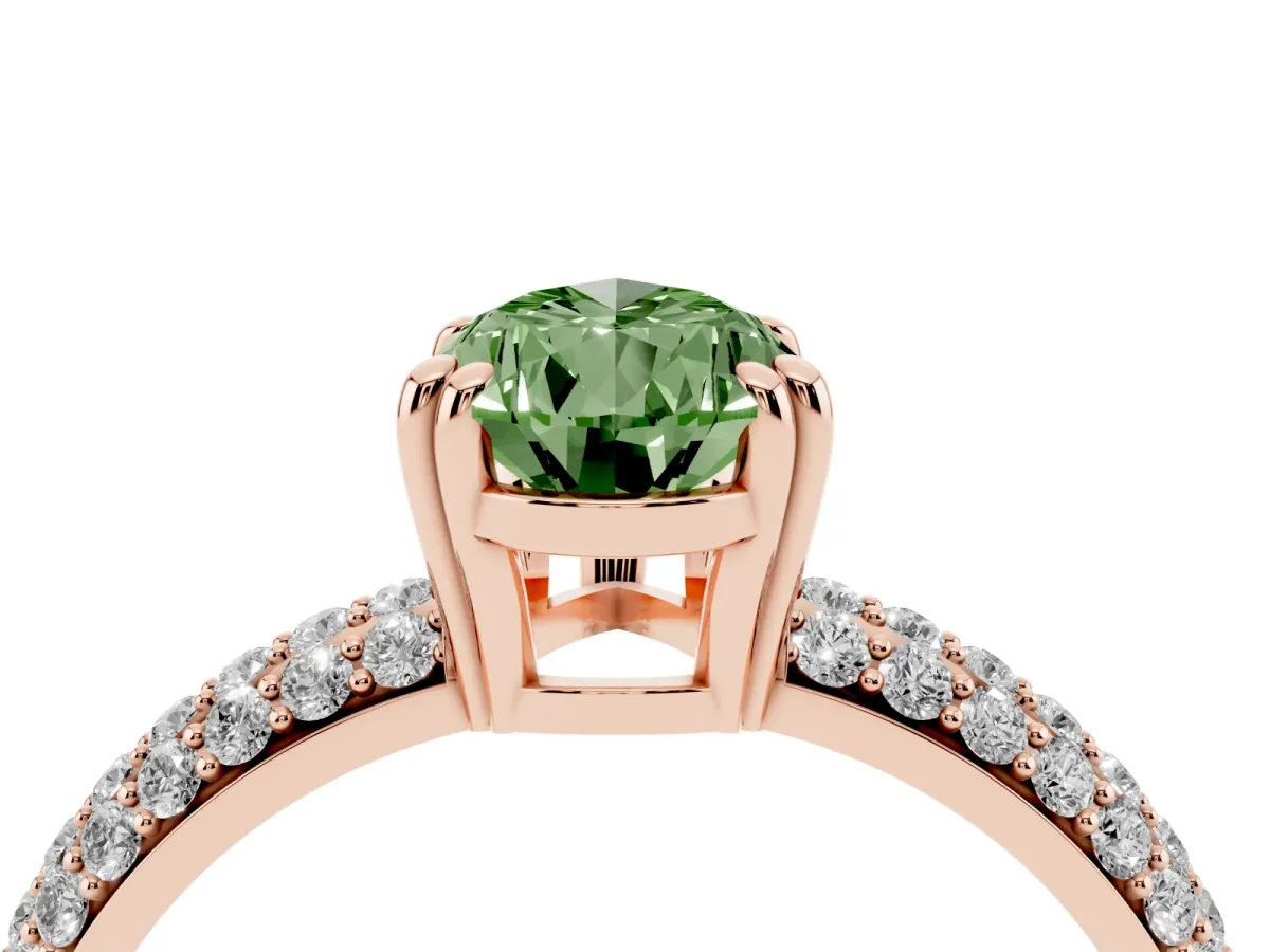 Fancy Green Pear Cut Diamond Solitaire Ring with Multi-Row Round Pavé Band and Prong Setting Rose gold