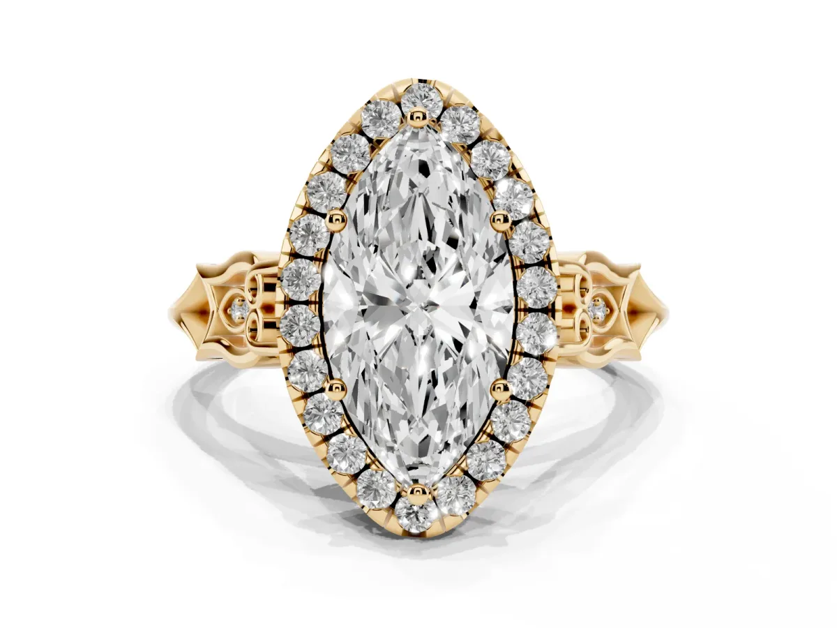 Marquise Cut Halo Diamond Engagement Ring with Filigree Band and Four-Prong Setting Yellow gold