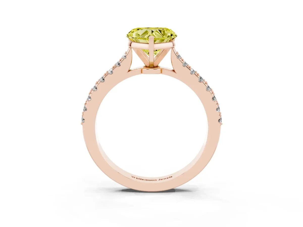 Fancy Yellow Heart Cut Cut Solitaire Diamond Engagement Ring with Pave Band and Four-Prong Setting Rose gold