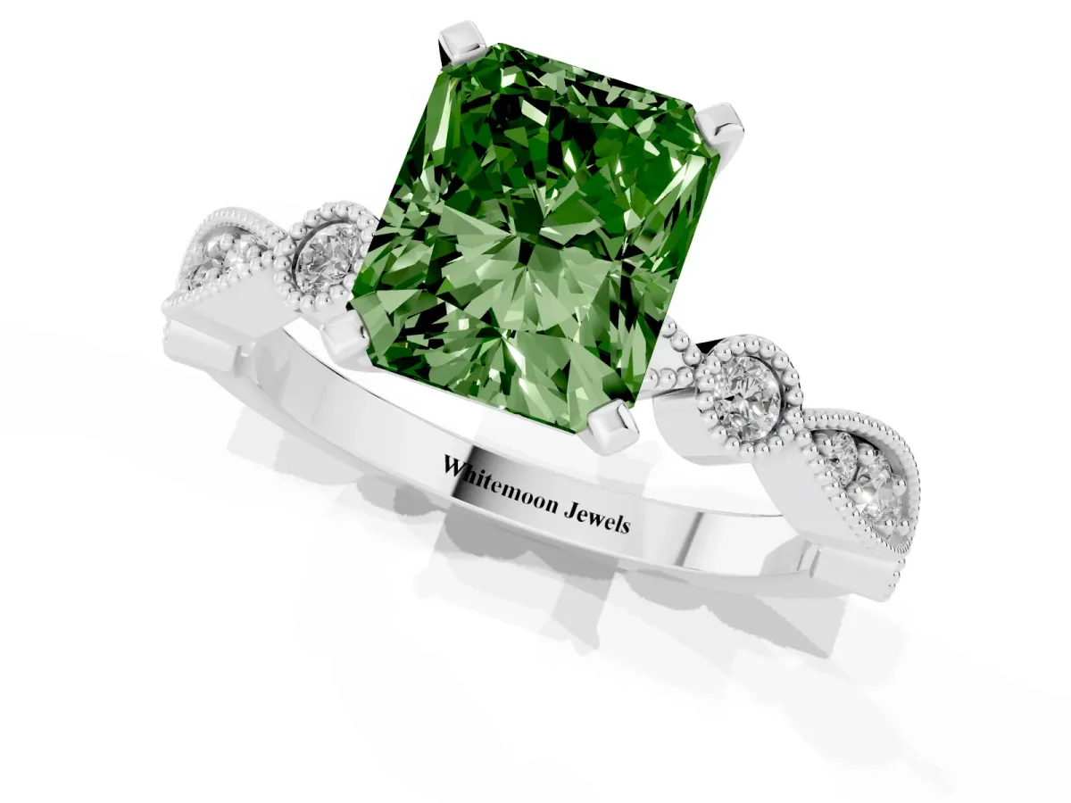 Fancy Green Radiant Cut Milgrain Bezel Diamond Engagement Ring with Solitaire Prong Setting Silver