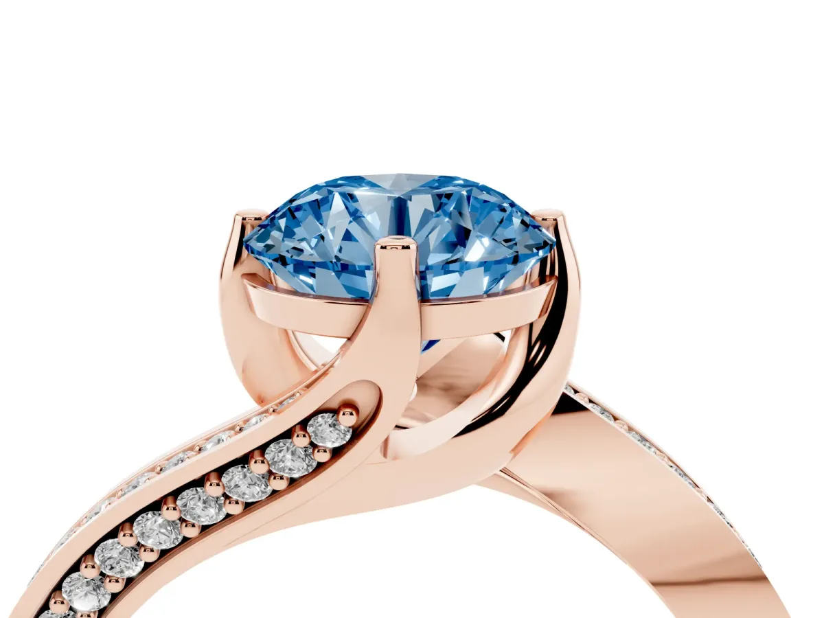 Fancy Blue Round Cut Solitaire Diamond Twist Band with Pavé Setting and Four-Prong Setting Rose gold