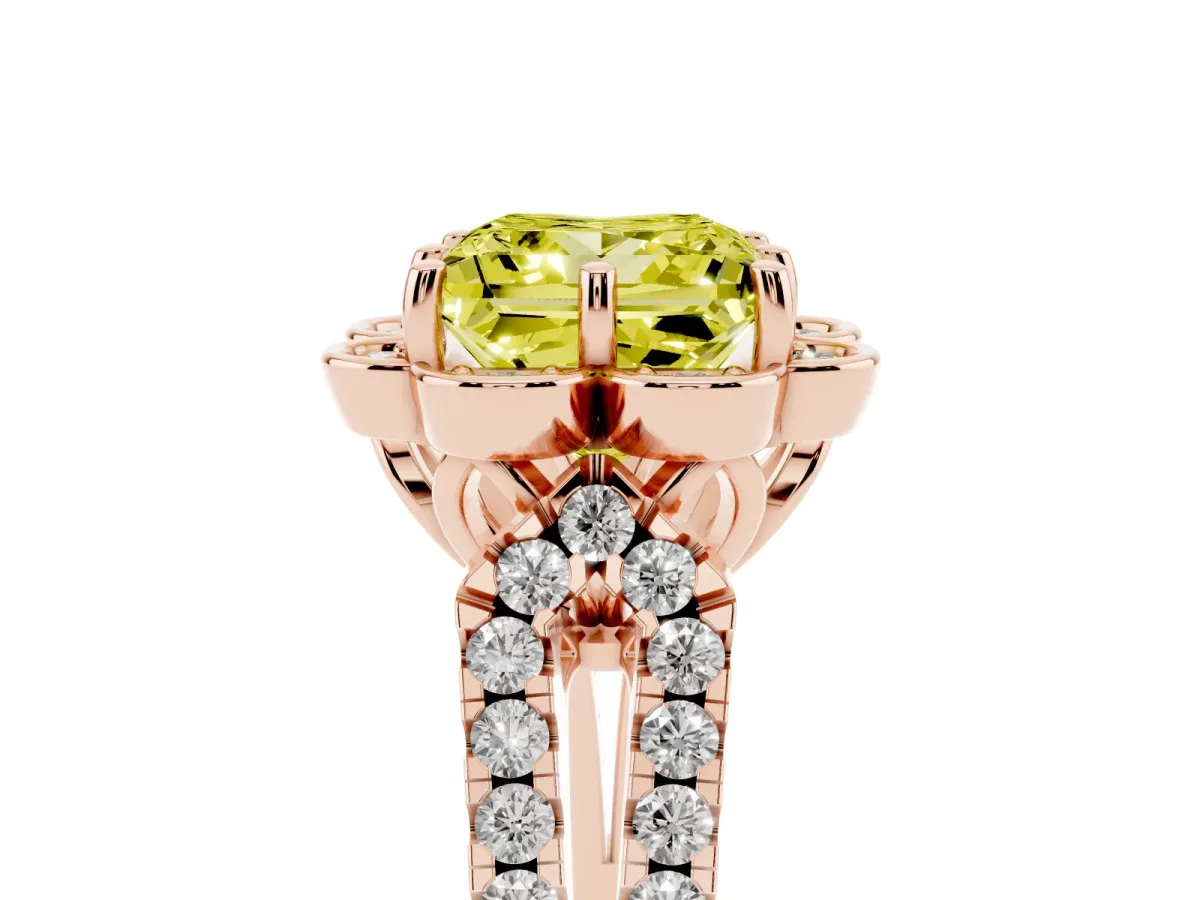 Fancy Yellow Princess Cut Halo Diamond Floral Split Shank Engagement Ring Rose gold