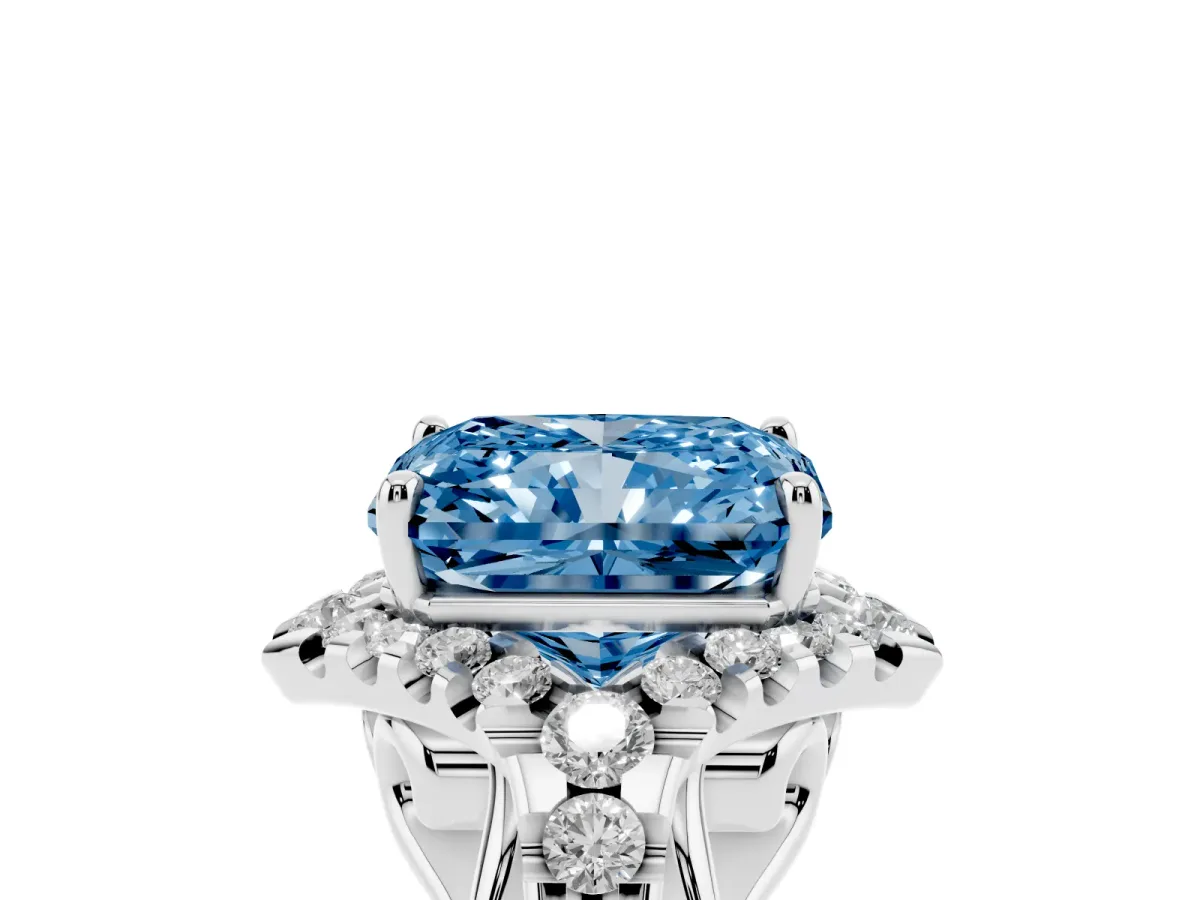 Fancy Blue Radiant Cut Diamond Solitaire Ring with Hidden Halo and Pavé Band White gold
