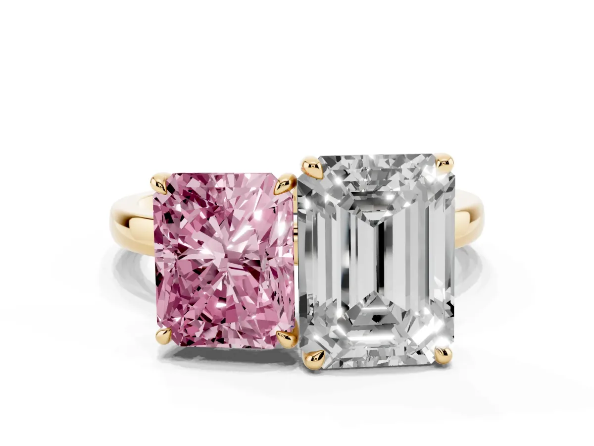 Fancy Pink Radiant Cut and Emerald Cut Toi Moi Ring with Prong Setting Yellow gold